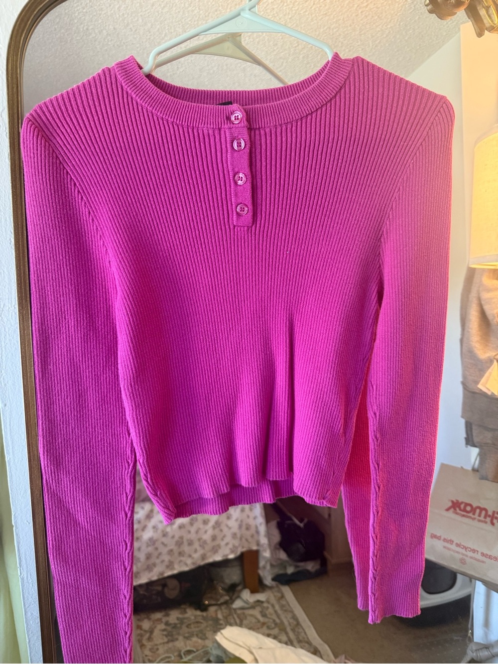 Forever 21 Ribbed Henley Long-Sleeve Top — Bright Pink